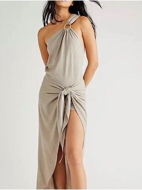 JUST BEE QUEEN One-Shoulder Taupe Knot-Front Maxi Dress NEW EXCELLENT CONDITION